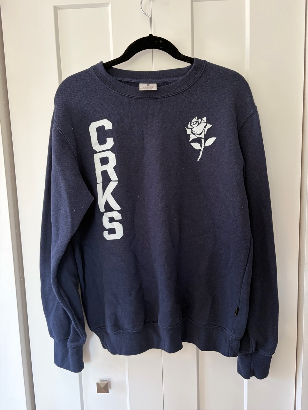 Crooks & Castles Navy Blue Crewneck Sweatshirt with White Rose & CRKS Logo